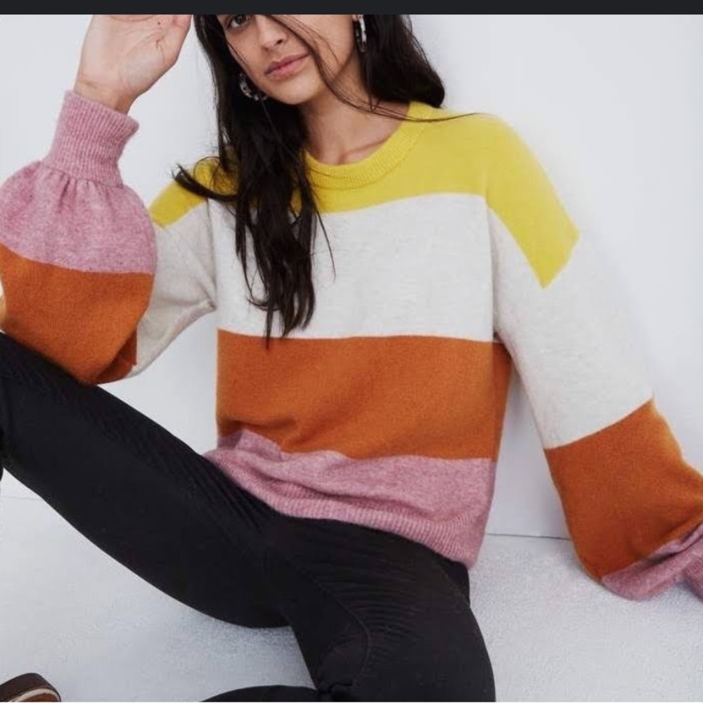 Madewell Gladwell Sweater Striped Yellow Orange Pink Balloon Sleeve size m